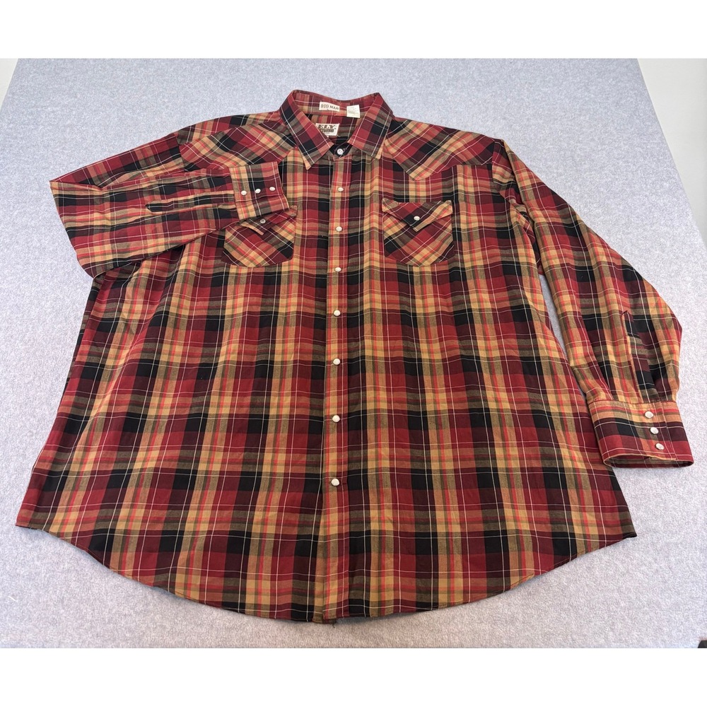 Ely Cattleman Mens 3XL Big Plaid Western Snap Shirt Red Long Sleeve 19.5x36